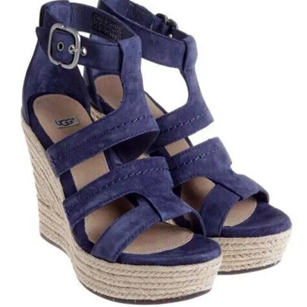 UGG LAURI BLUE LEATHER ESPADRILLE PLATFORM WEDGE COMFORT SANDALS SZ 8.5 NIB!